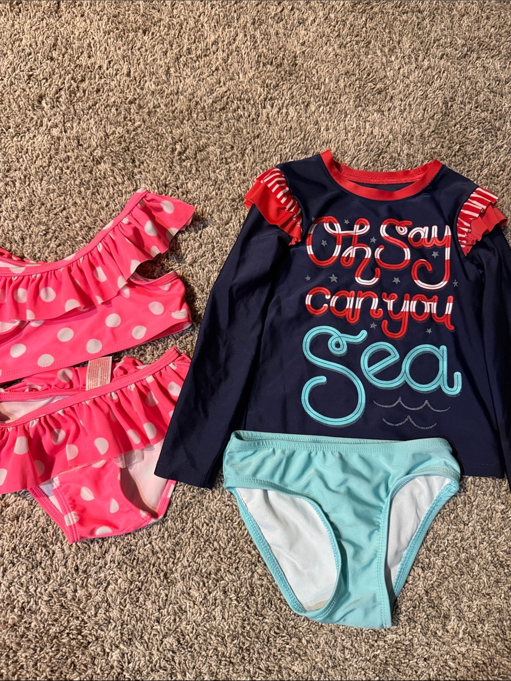 Girls Navy Long-Sleeve Rash Guard Swim Set with Pink Polka Dot Bikini